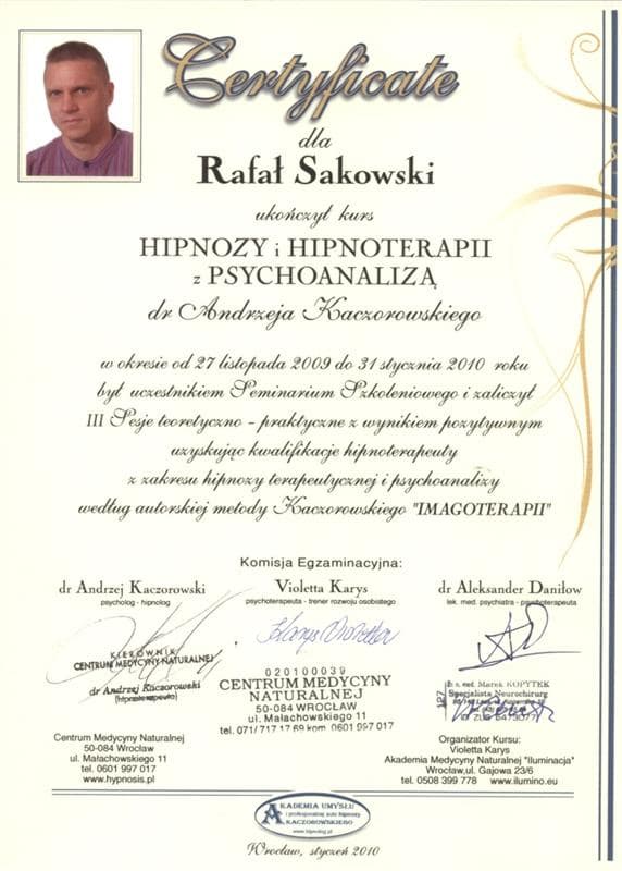 Certyfikat Rafała Sakowskiego