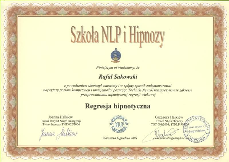 Certyfikat Rafała Sakowskiego