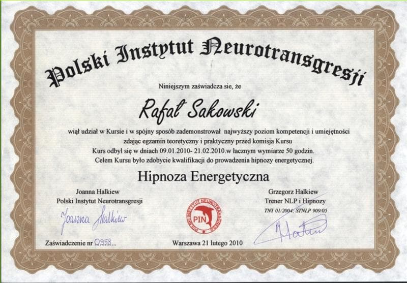 Certyfikat Rafała Sakowskiego